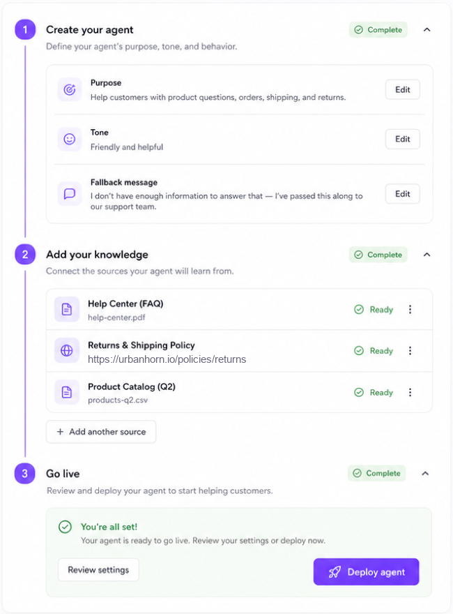 Agent setup in three steps: create the agent, add your knowledge sources, then go live